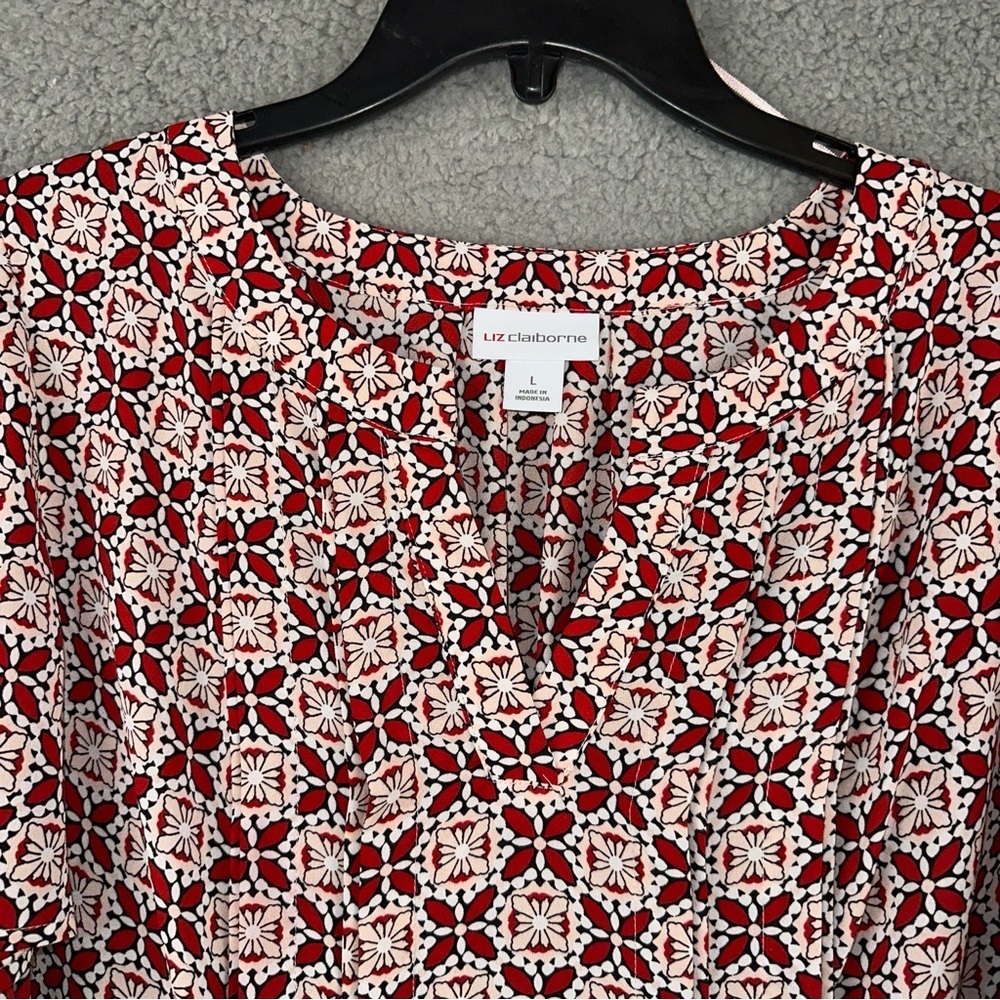 Liz Claiborne Top Womens Large Pink Geometric Pattern V-Neck Pleated Blouse NWT - Picture 5 of 7